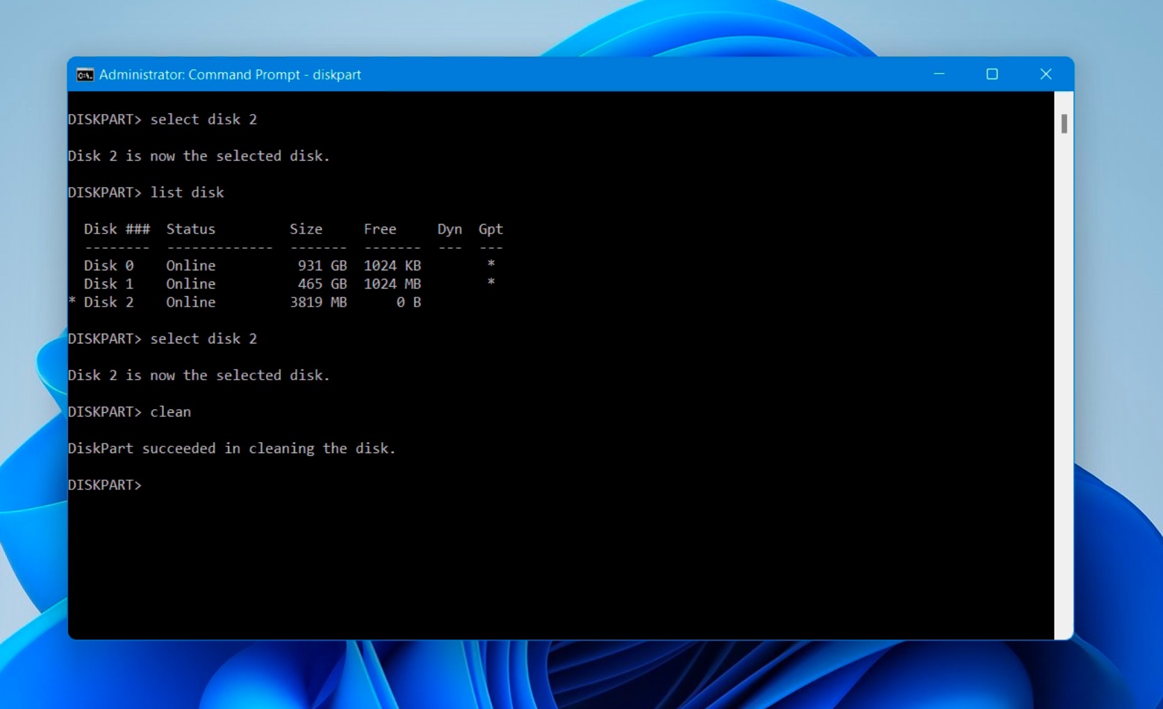 Clean disk command CMD