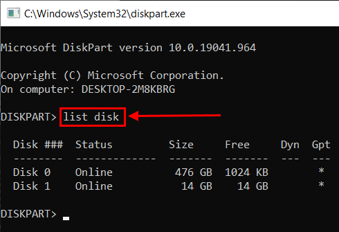 list disk command in Command Prompt