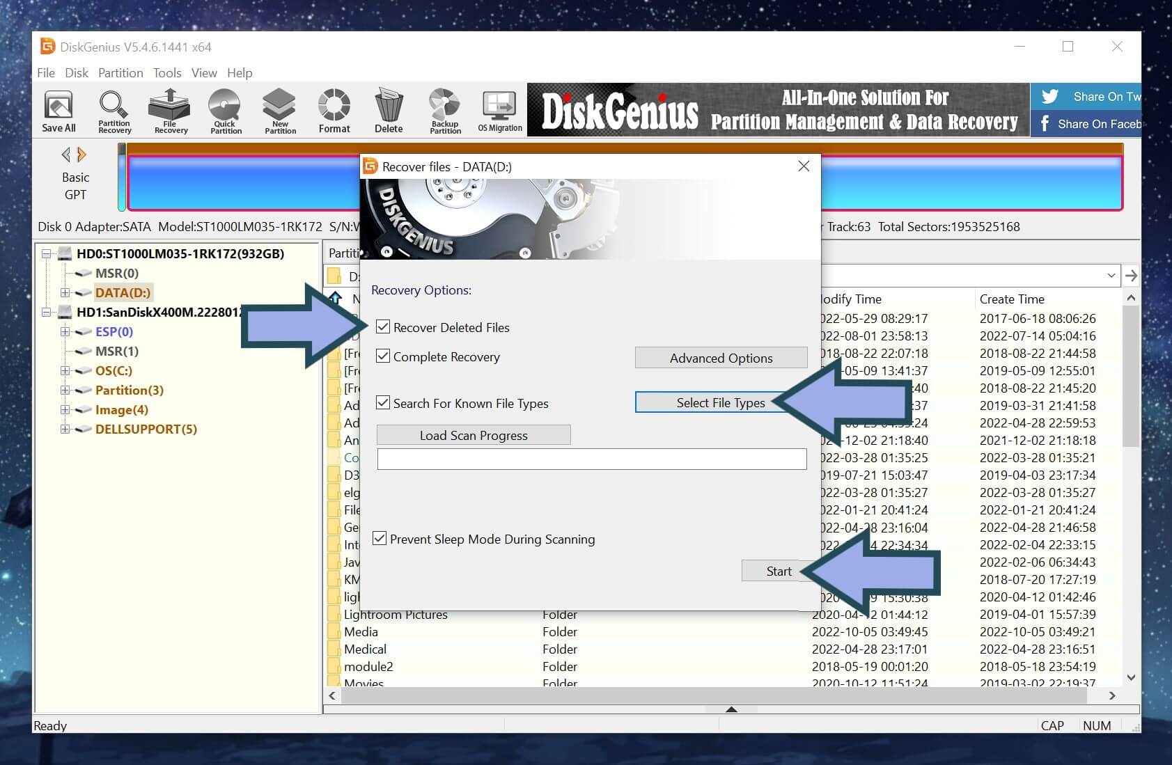 Customizing the scan parameters in DiskGenius