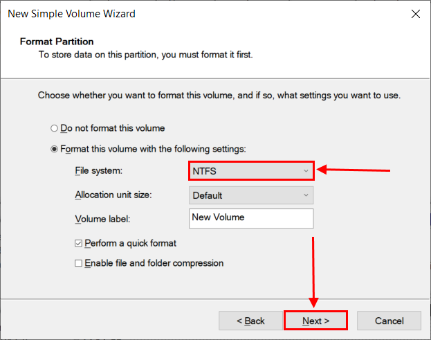 file system option in the new simple volume wizard