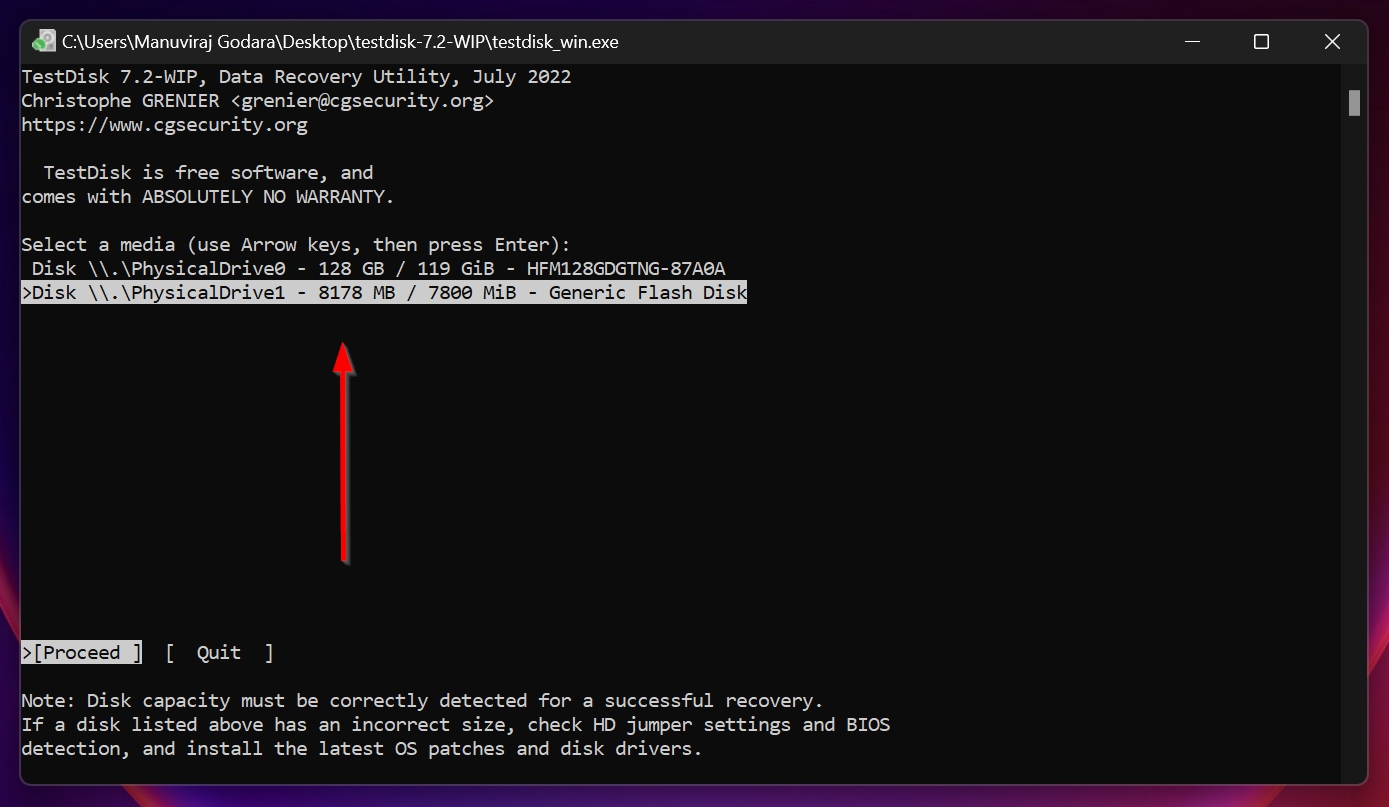 Disk selection screen in TestDisk.