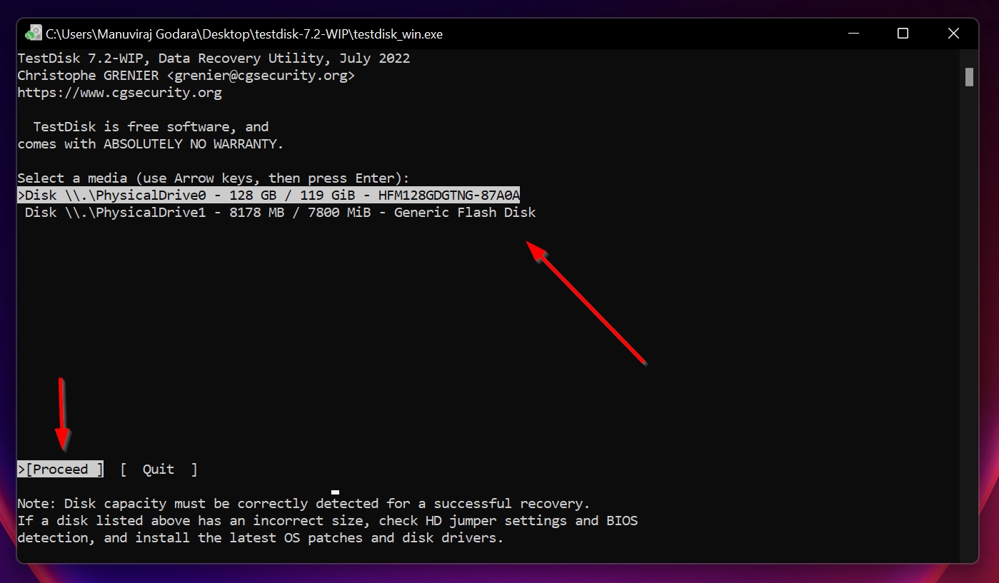 Disk selection screen in TestDisk
