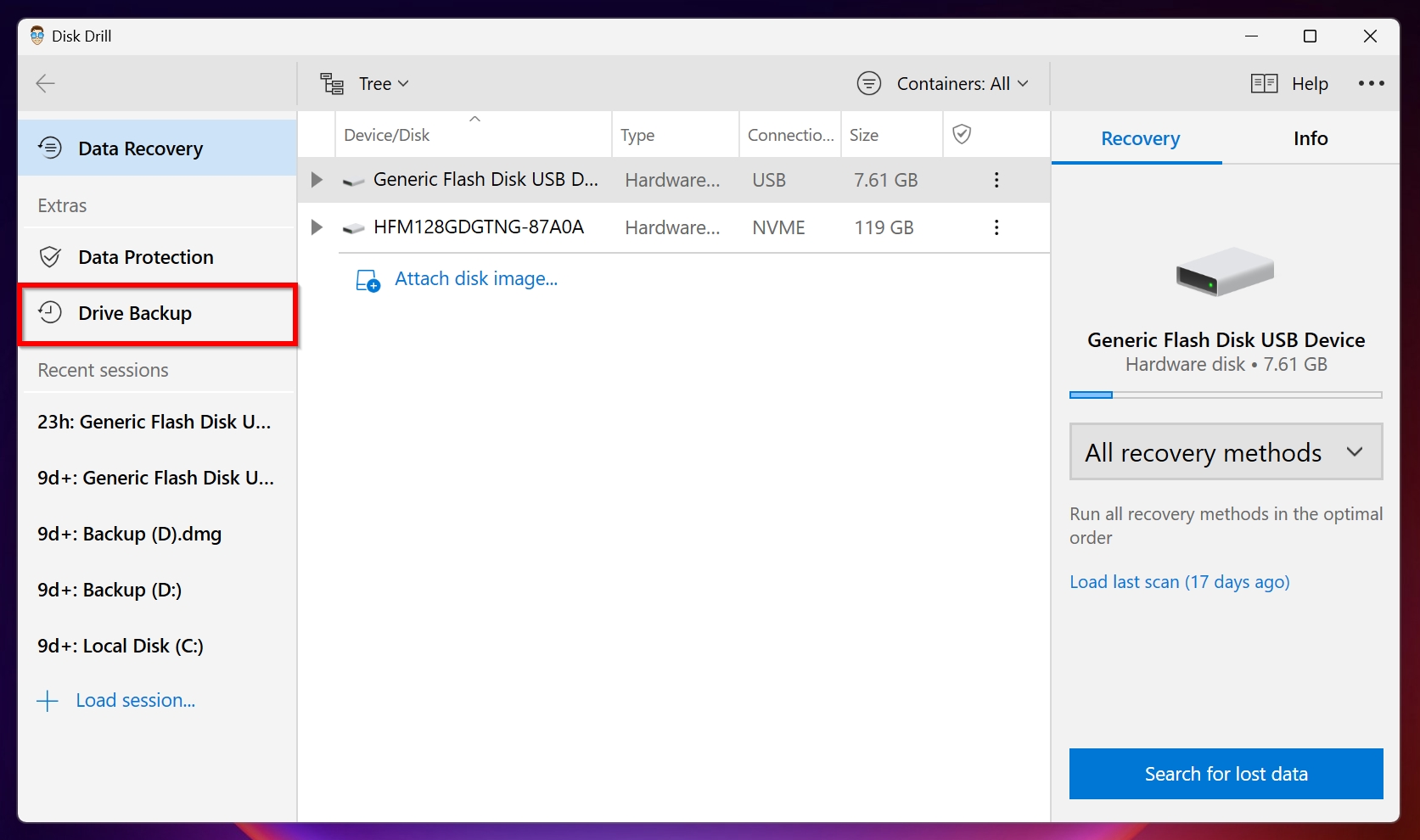 Drive backup option in Disk Drill.