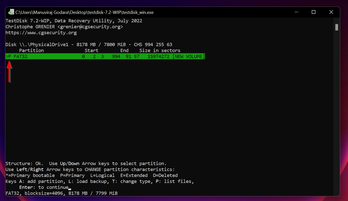 Primary partition letter in TestDisk.