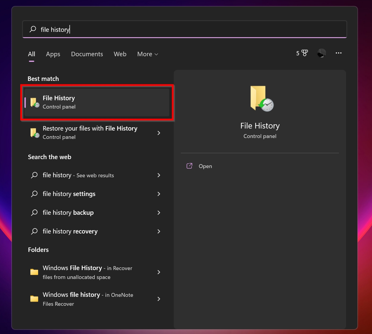 Windows File History in Windows Search