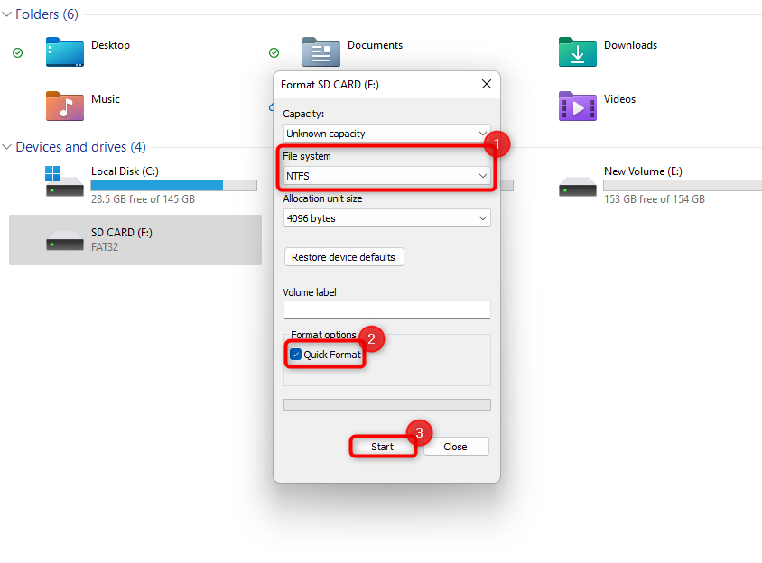 format using the windows file explorer