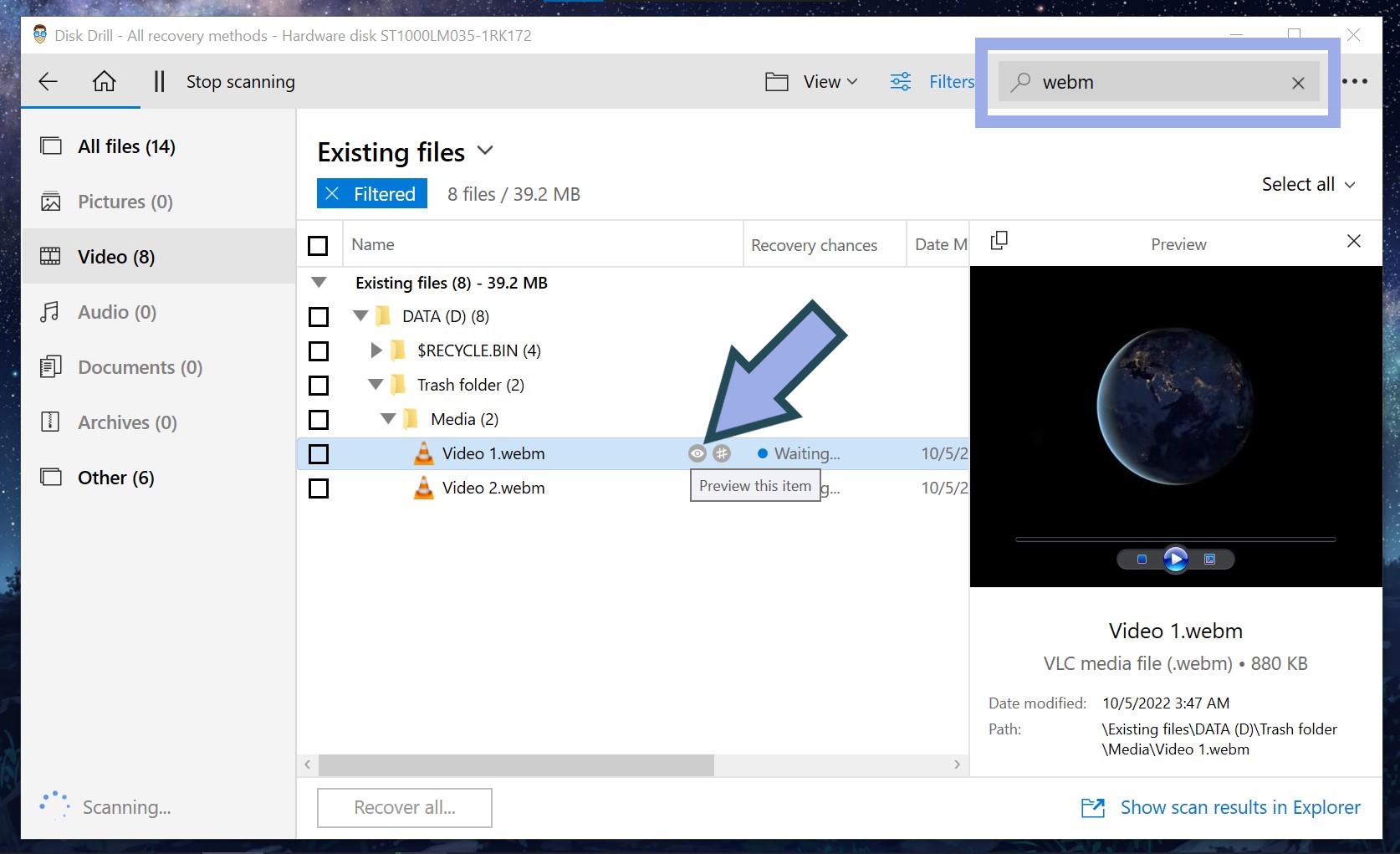 Use the preview and search functions on Disk Drill