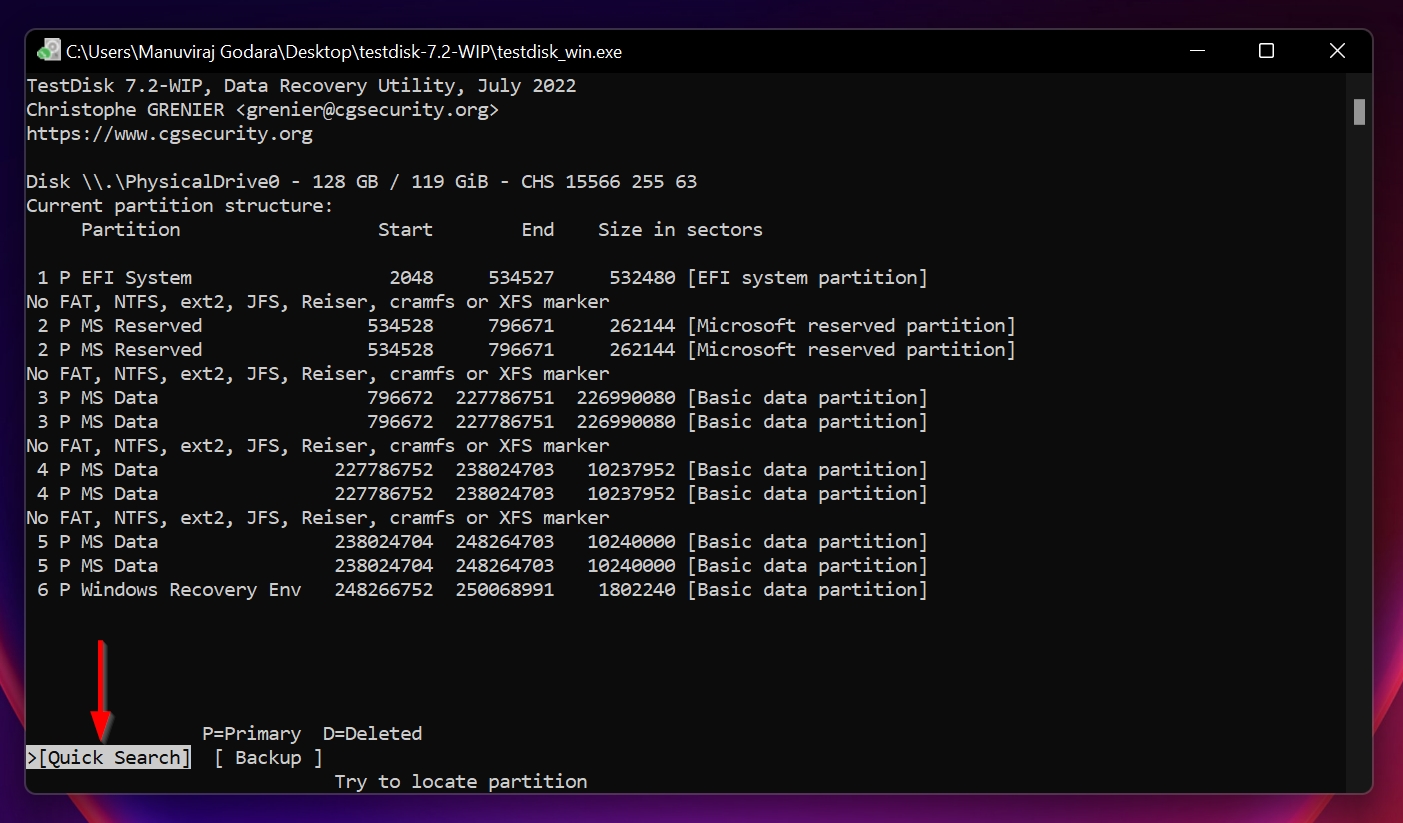 Quick Search option in TestDisk