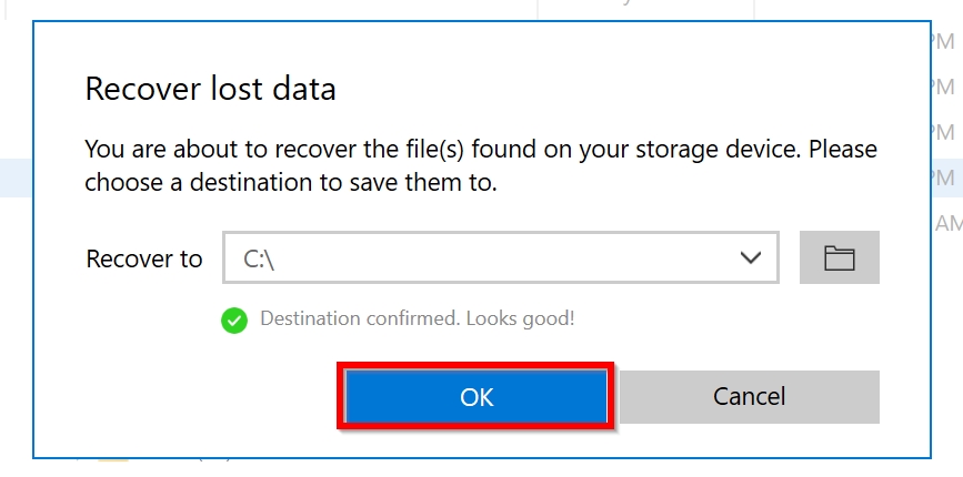 Recovery destination prompt in Disk Drill.