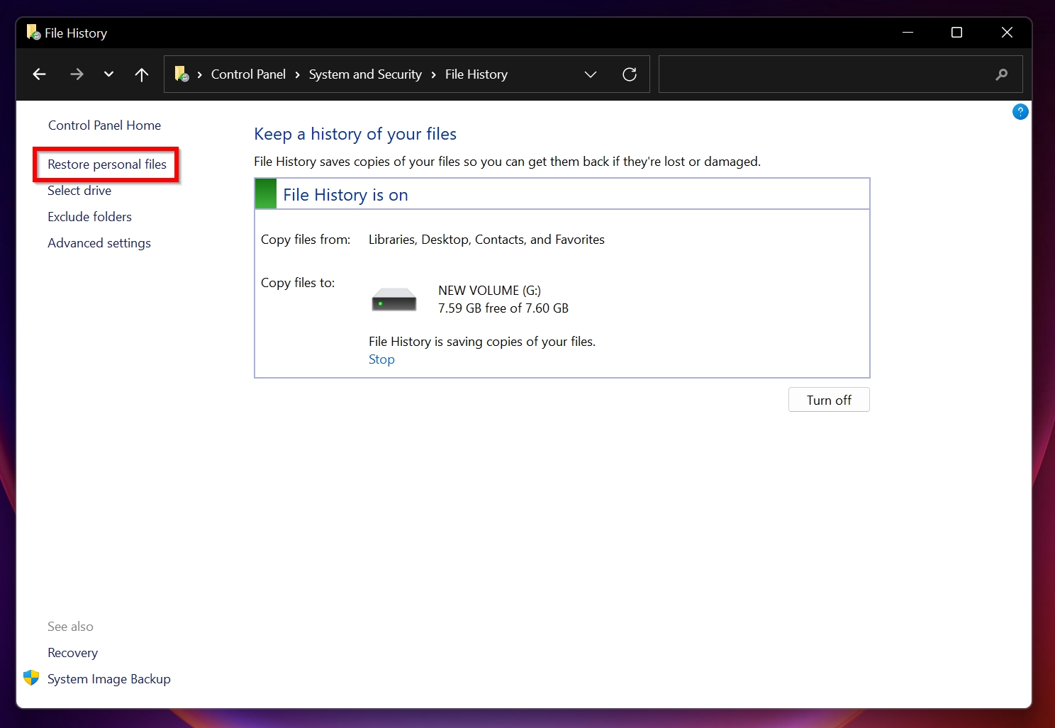 File History settings in Control Panel