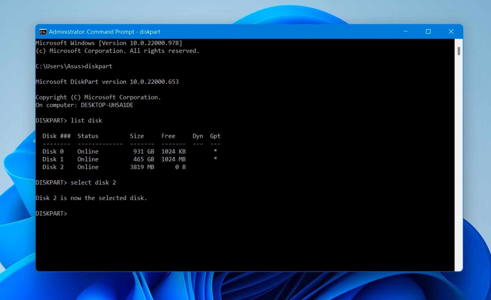Select a specific disk command CMD