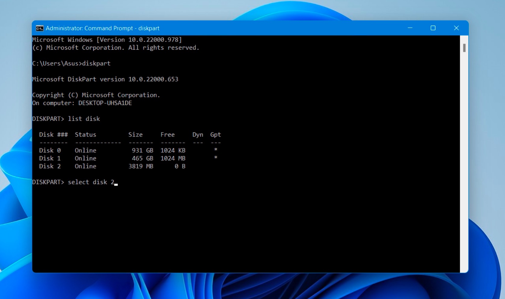 Select disk command CMD