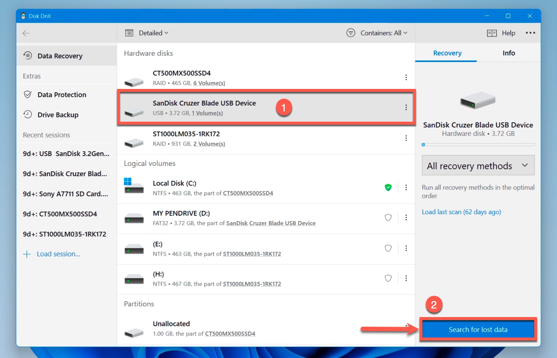 select your usb and search for lost data