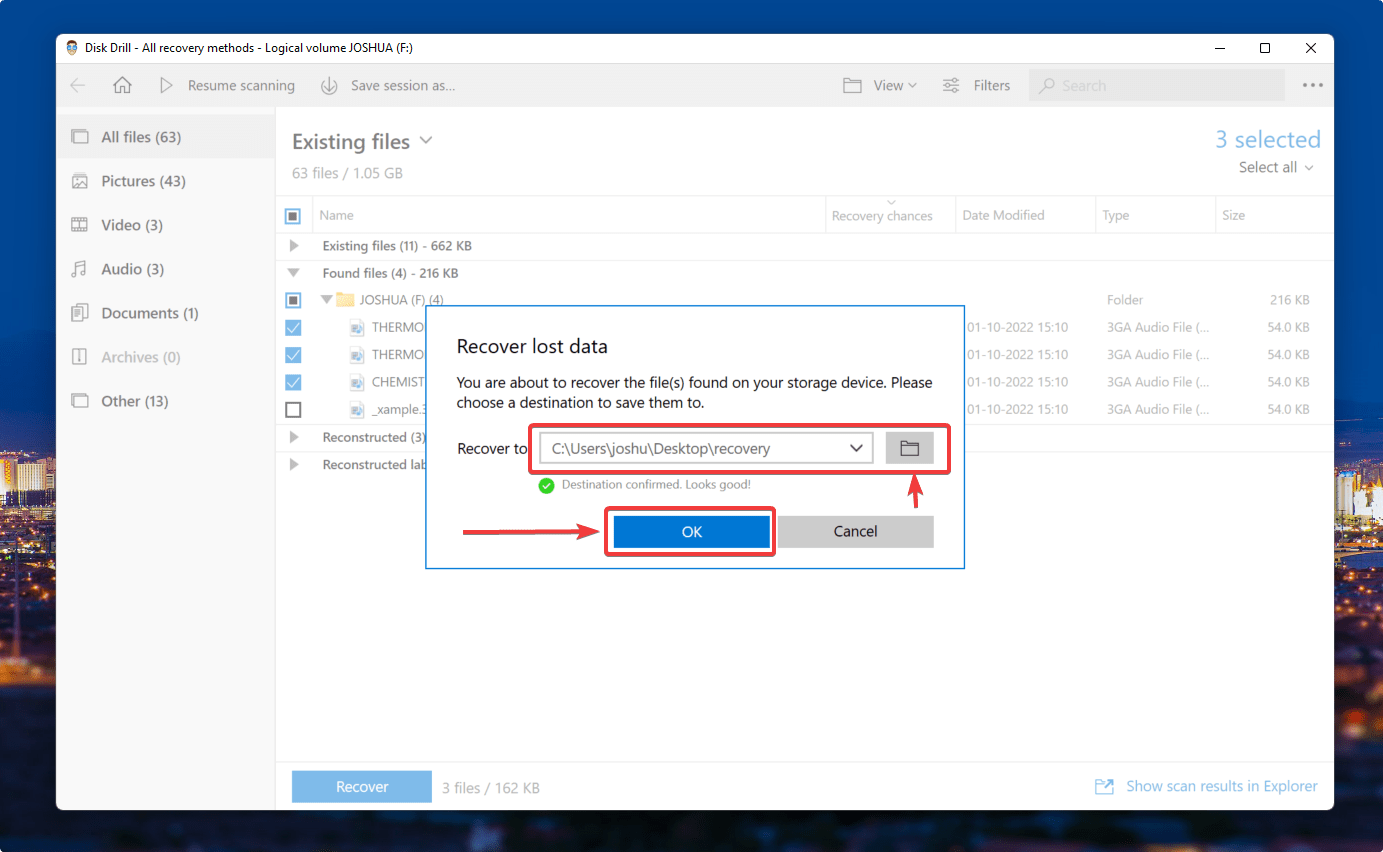 selecting destination to save the recovered files