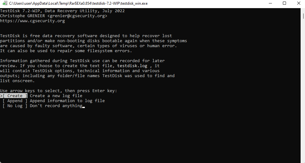 creating a new log file in testdisk