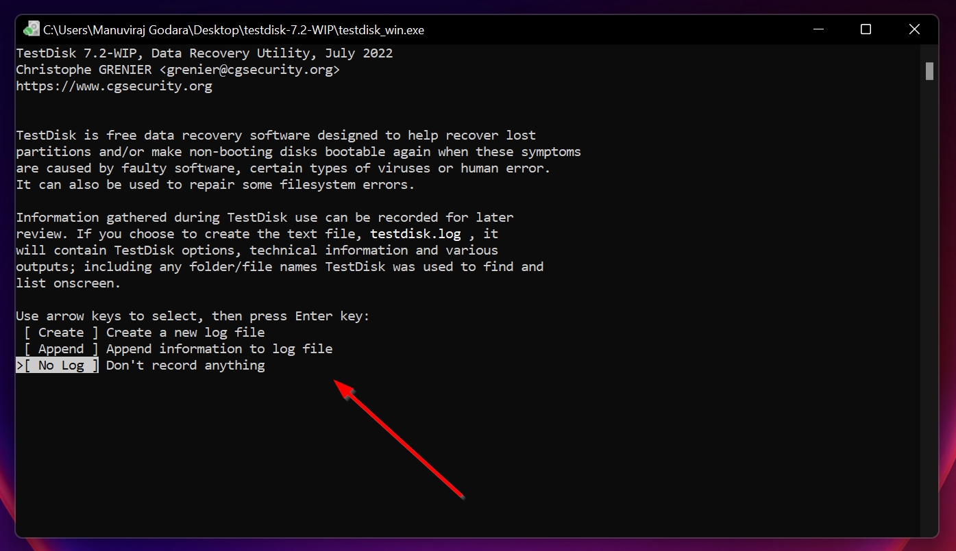 TestDisk log creation screen