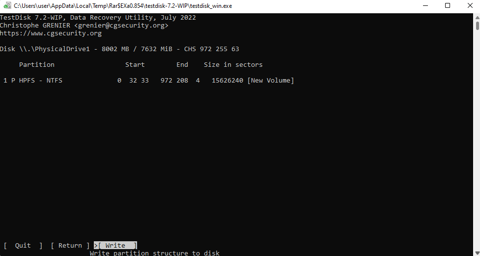 writing partition table using testdisk