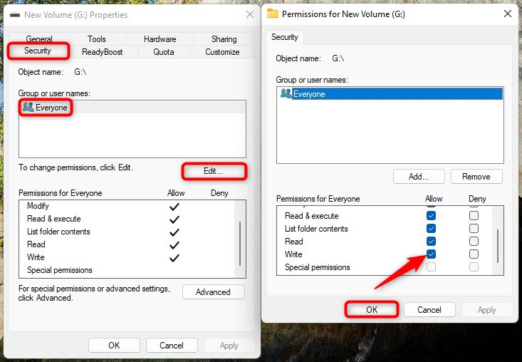 changing the write permission in Windows