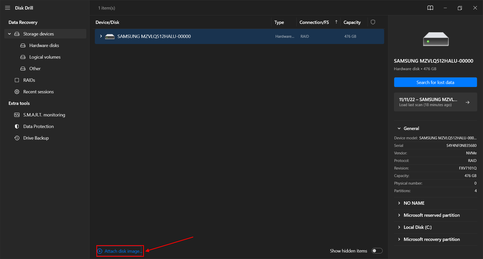 Attach disk image option in Disk Drill