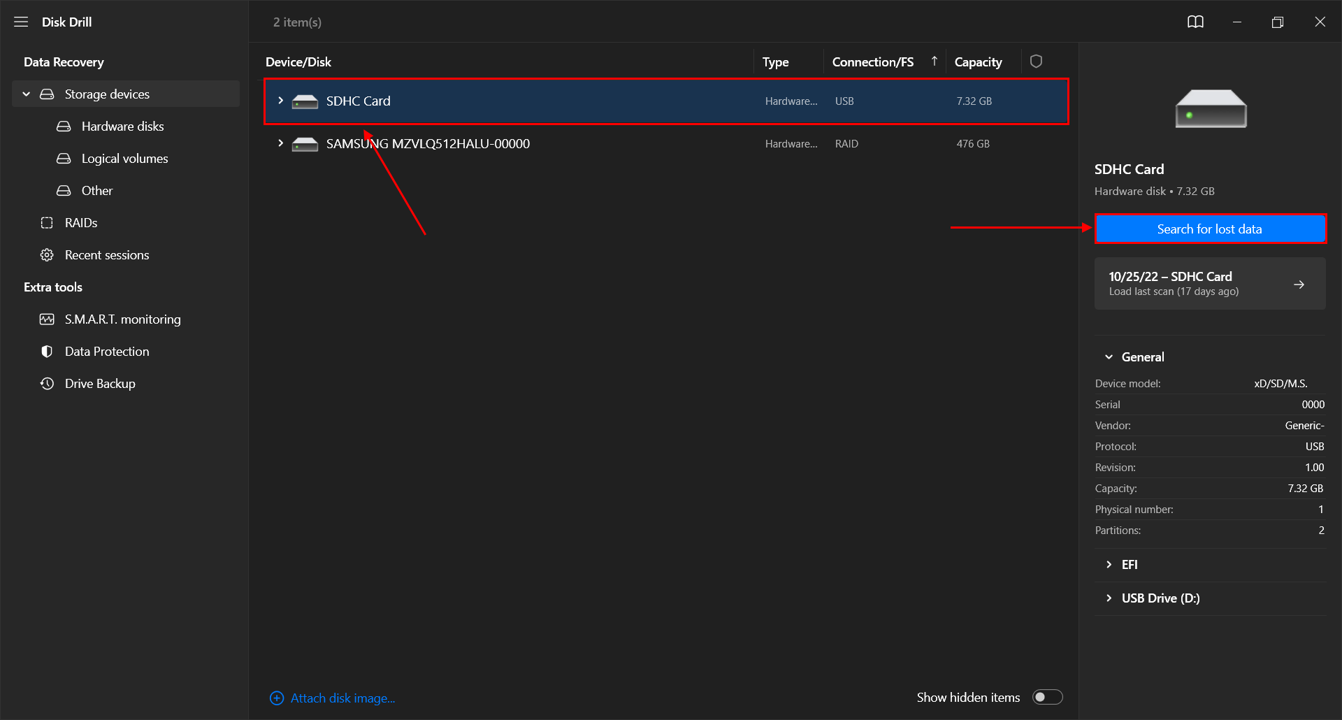 SD card selection window in Disk Drill