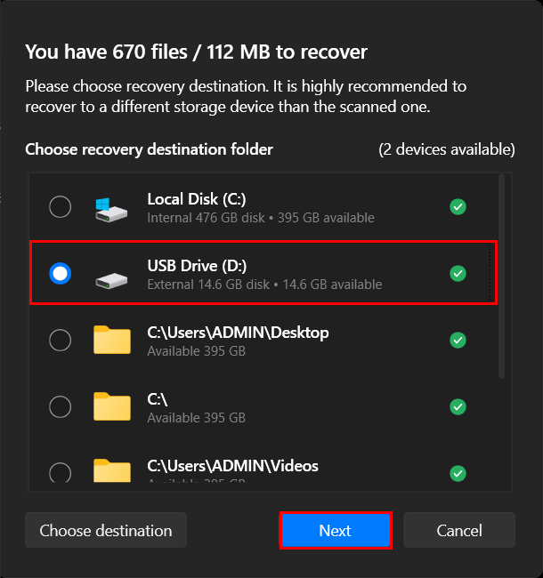 destination folder selection dialog in disk drill