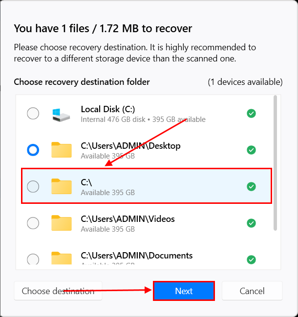 destination folder selection dialog in disk drill