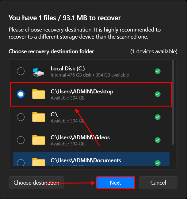 destination folder selection dialog in disk drill