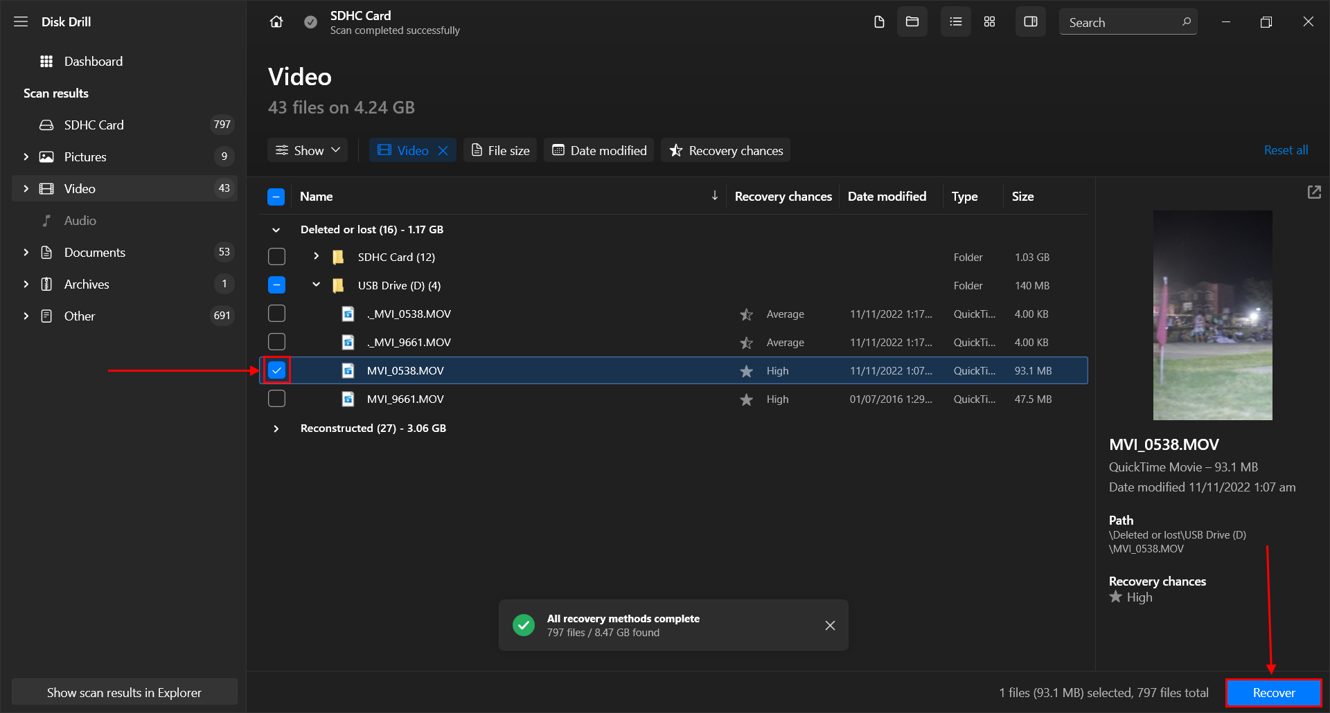 file selection window in Disk Drill