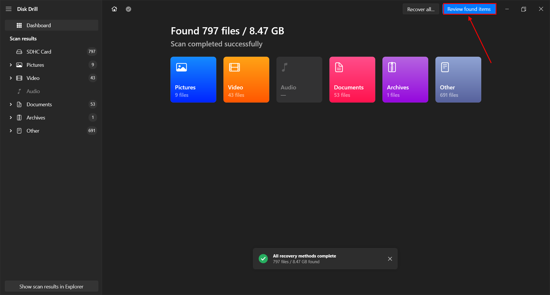 scan results in disk drill