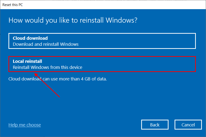 reinstall options window in the dialog