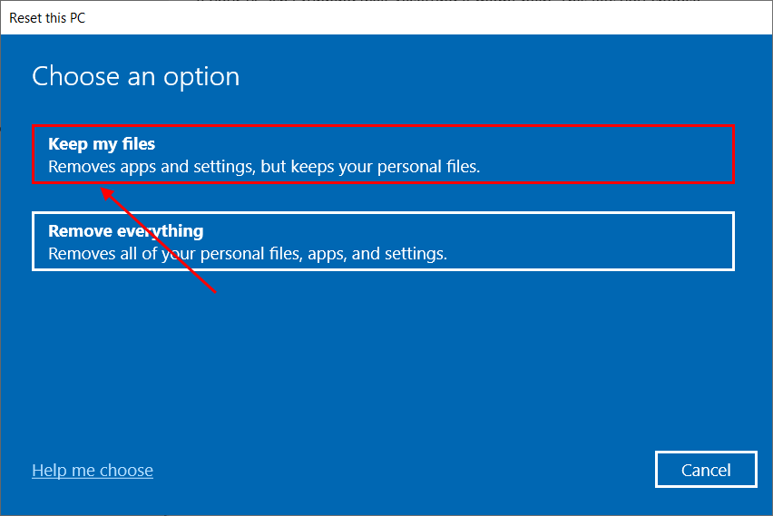 Reset option in the dialog