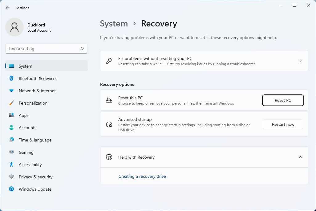 Windows 10 Reset PC Option