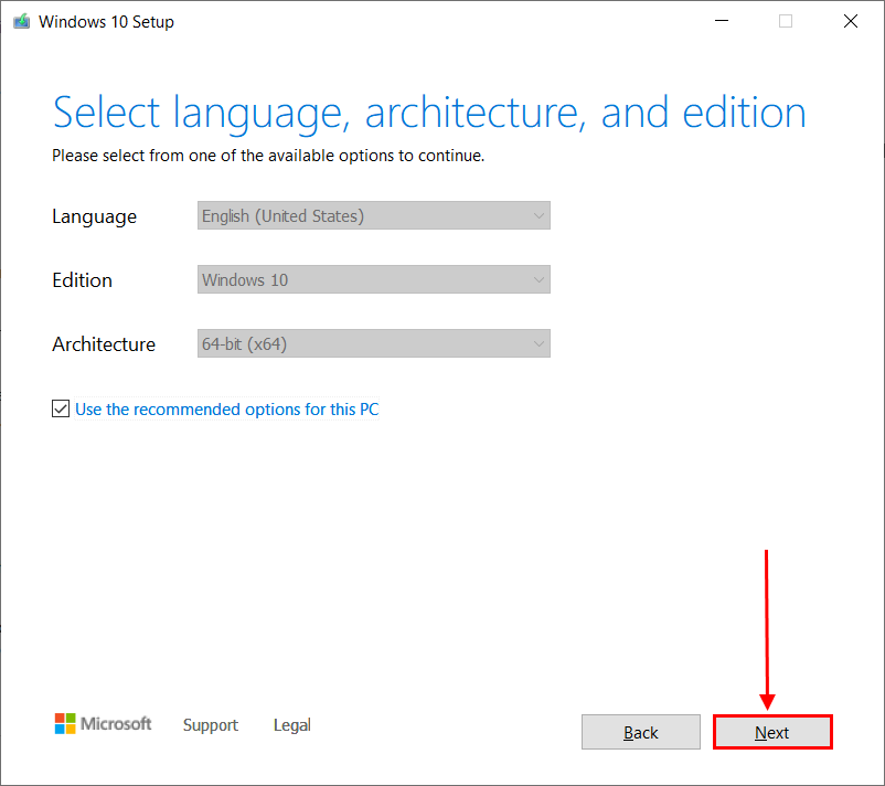 settings window in Windows installation media