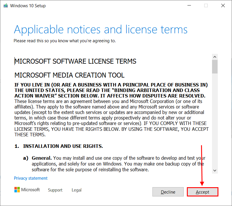 License terms of Windows installation media