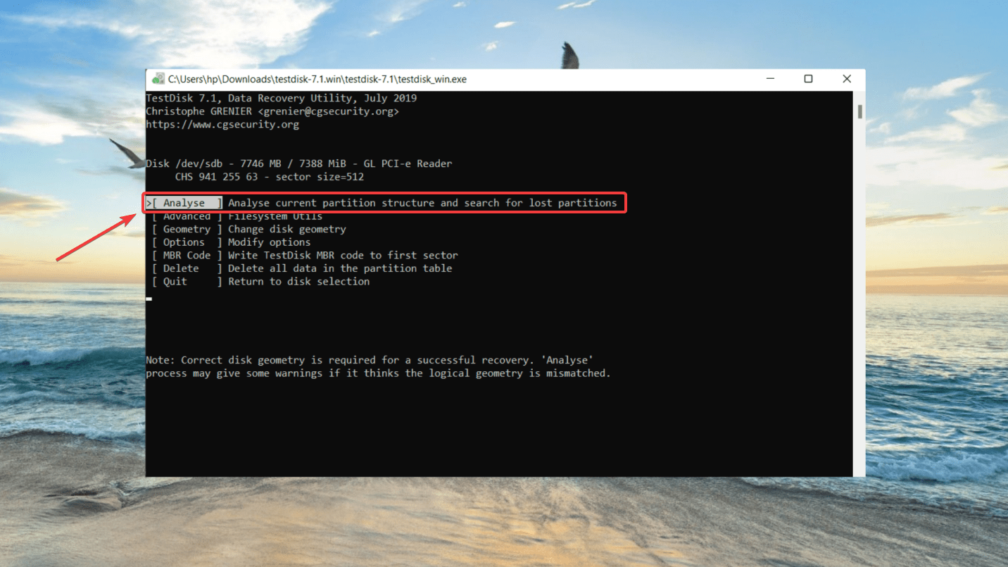 selecting the analyze option on testdisk