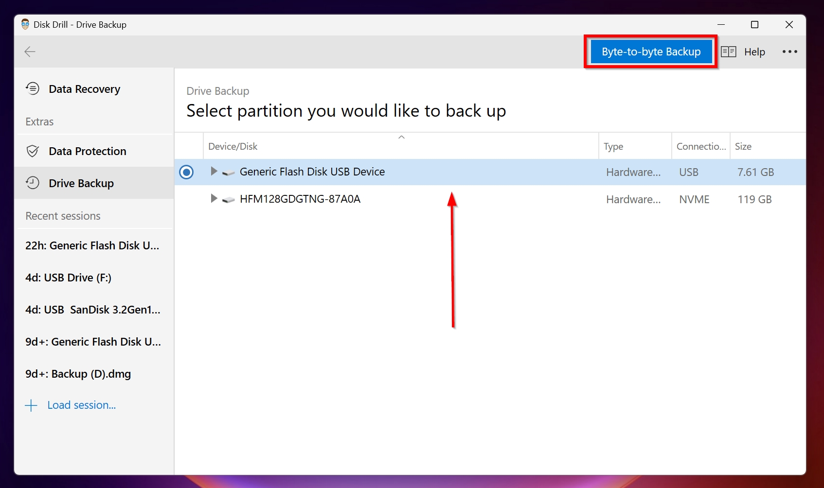 Byte-to-byte backup screen in Disk Drill.