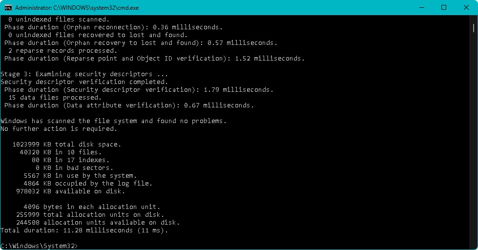 chkdsk scan finished