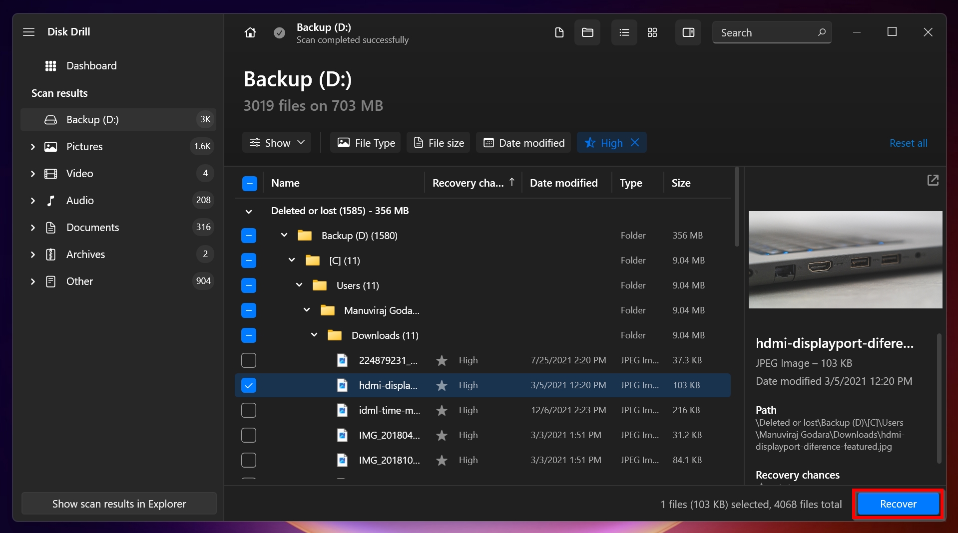 List of recoverable files in Disk Drill.