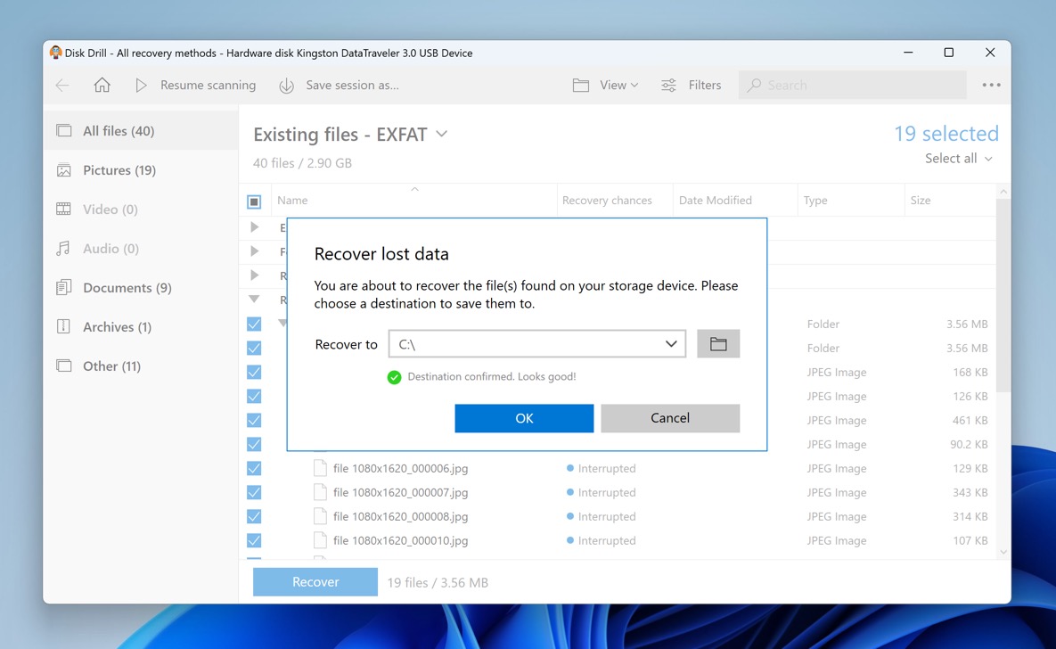 disk drill windows confirm recovery destination