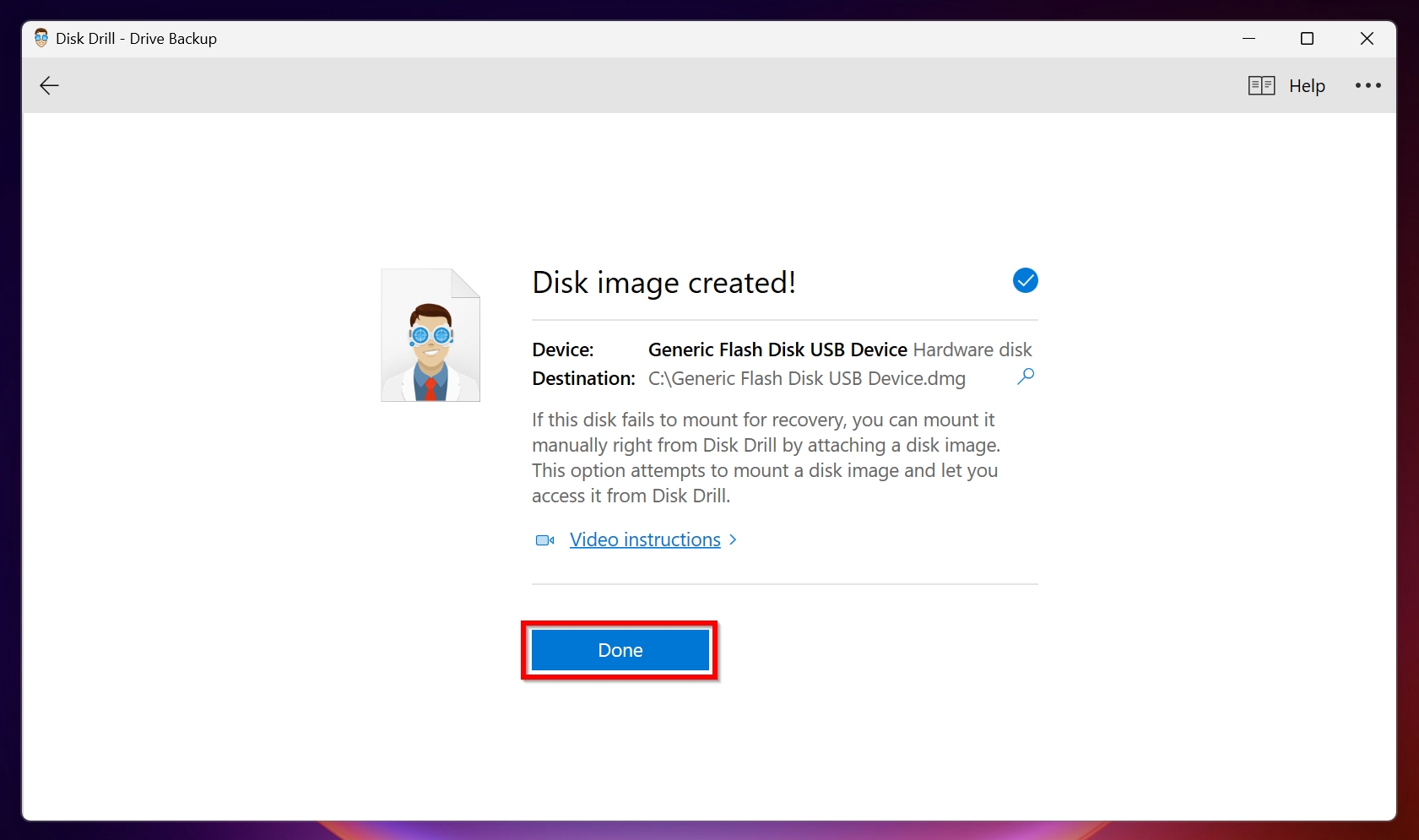 Disk image created screen.