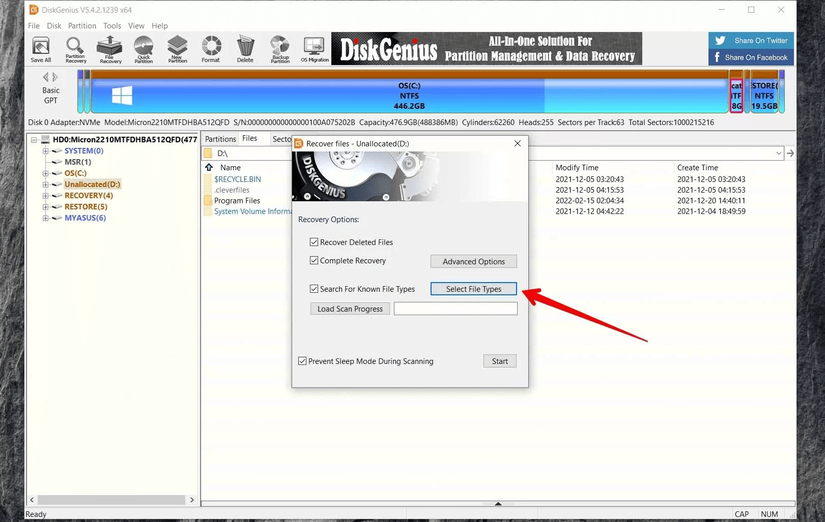 searching for particular file types on diskgenius