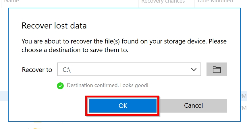 File recovery destination prompt.