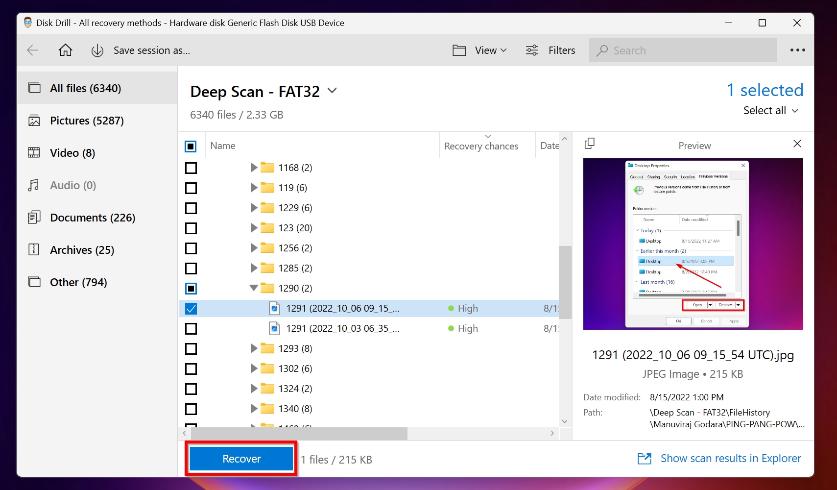 List of recoverable files in Disk Drill.