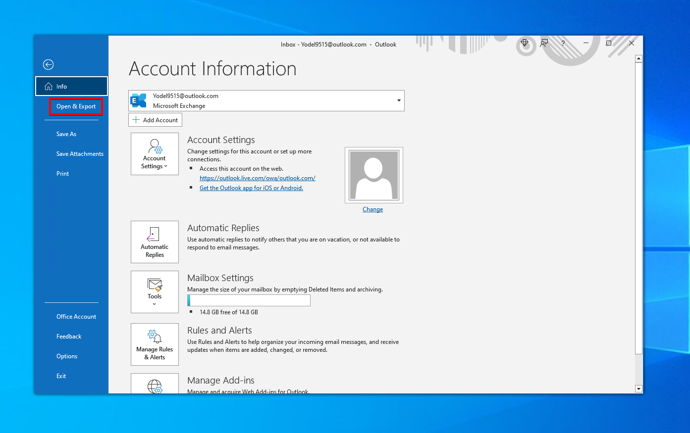 Accessing the Open & Export section.