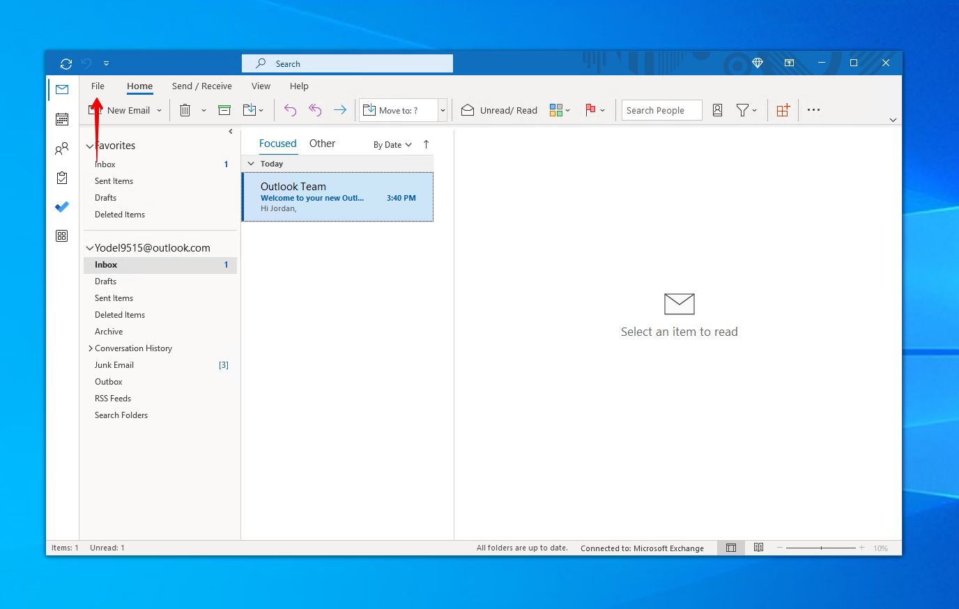 Accessing the Outlook File settings.