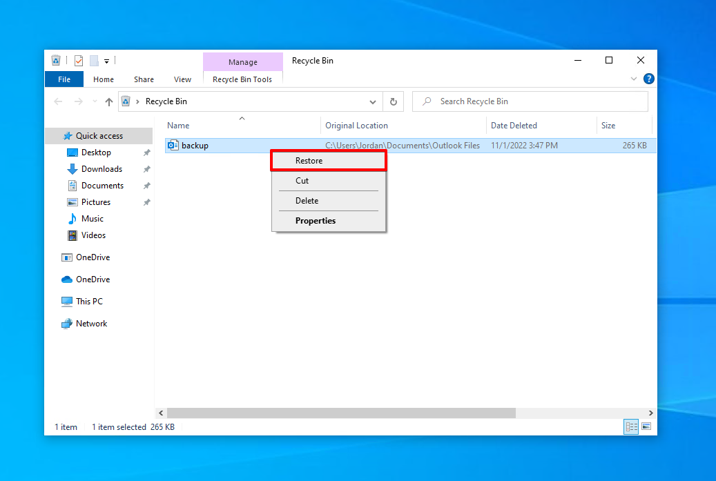 Restoring the PST file.