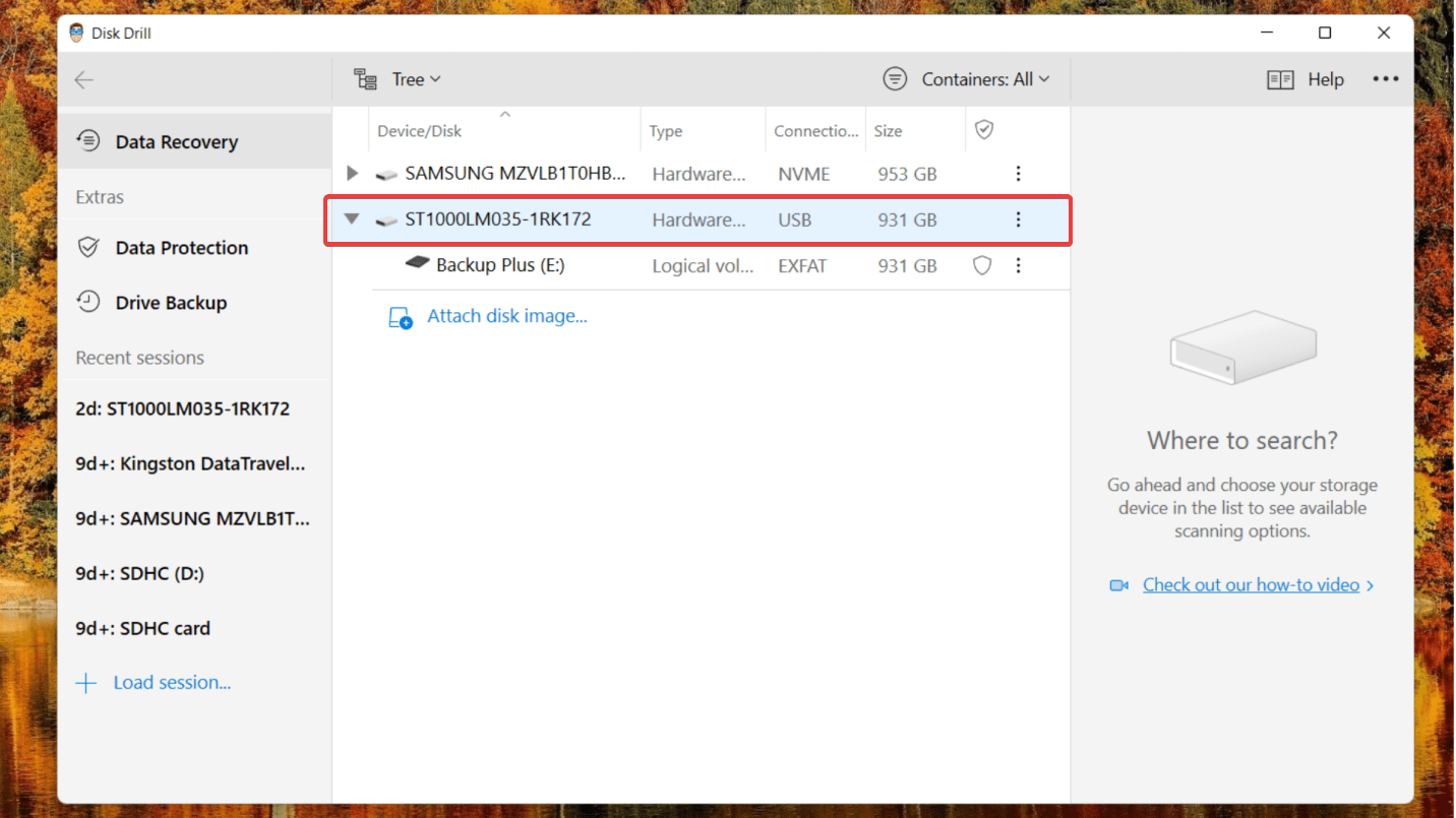 selecting drive on disk drill