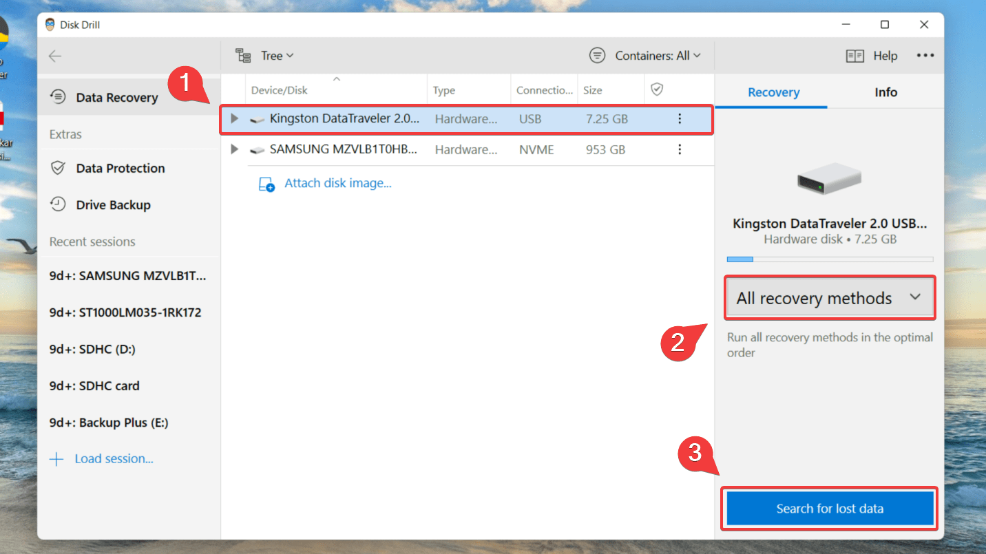 selecting drive on disk drill