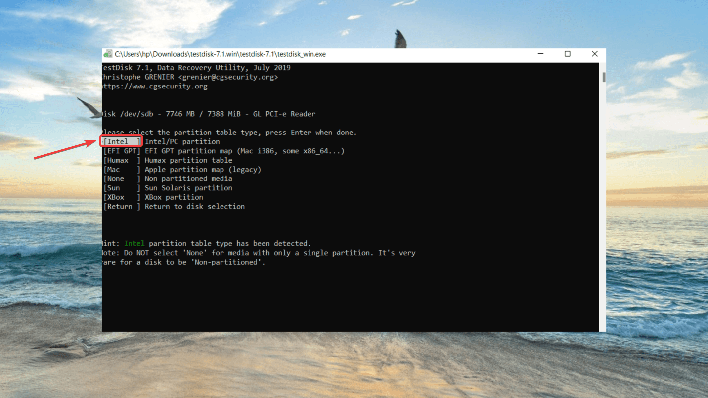 selecting the partition table