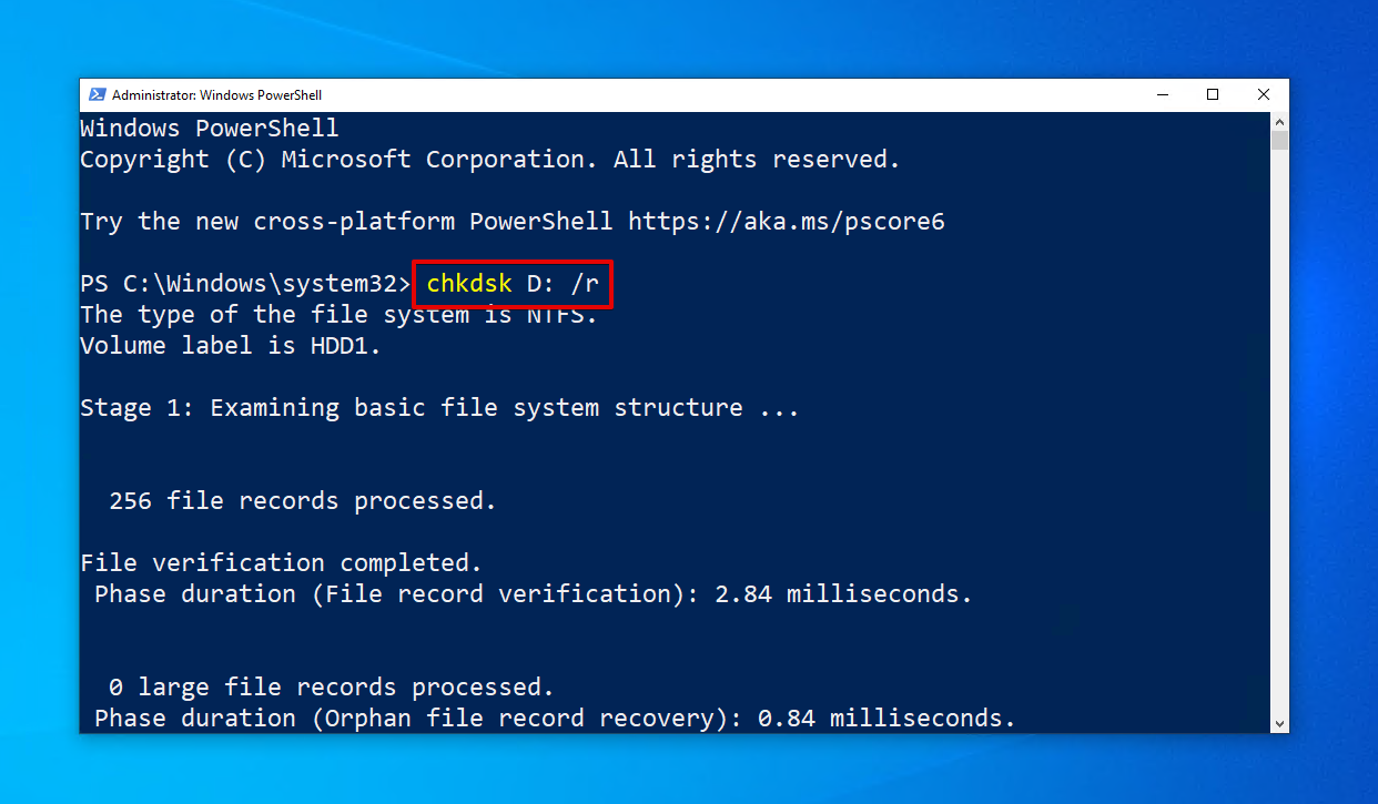 Running the CheckDisk command in PowerShell.